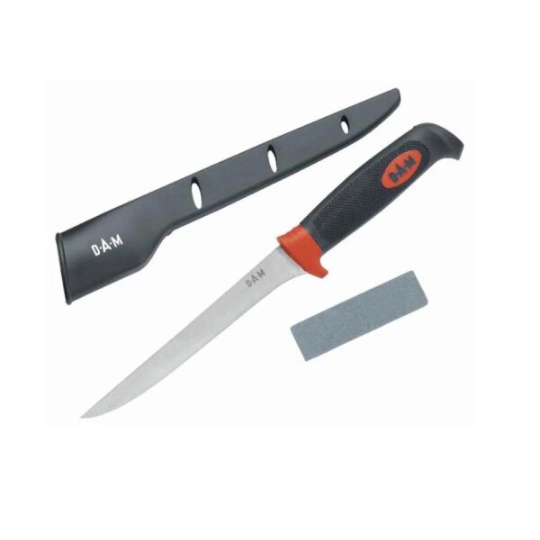 DAM Messer Set 3-teilig Filetiermesser mit Klingen-Schutz und Schleifstein