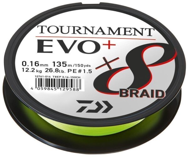 Daiwa Tournament x8 Braid EVO+ 0,08mm / 4,9kg / 135m Chatreuse Geflochten Schnur